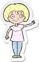 Retro-Distressed-Aufkleber einer Cartoon-glücklichen Frau, die zeigt vektor