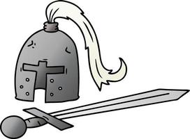 Farbverlauf-Cartoon-Doodle eines mittelalterlichen Helms und Schwerts vektor