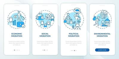 Gründe für die Migration blauer Onboarding-Bildschirm der mobilen App. Verlassen des Heimatlandes Walkthrough 4 Schritte grafische Anleitungsseiten mit linearen Konzepten. ui, ux, gui-Vorlage. Unzählige pro-fette, normale Schriftarten werden verwendet vektor