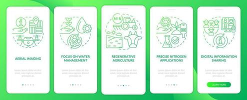 Trends in der Landwirtschaft Grüner Farbverlauf beim Onboarding auf dem Bildschirm der mobilen App. Komplettlösung 5 Schritte grafische Anleitungsseiten mit linearen Konzepten. ui, ux, gui-Vorlage. Unzählige pro-fette, normale Schriftarten werden verwendet vektor