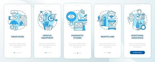 härbärge vård försedd tjänster blå onboarding mobil app skärm. medicinsk genomgång 5 steg grafisk instruktioner sidor med linjär begrepp. ui, ux, gui mall. myriad pro-fet, regelbunden typsnitt Begagnade vektor