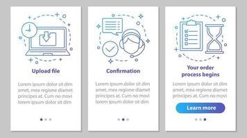 kundensupport beim onboarding des mobilen app-seitenbildschirms mit linearen konzepten. Datei hochladen, Bestätigung, Auftragsabwicklung. digitale Serviceschritte grafische Anleitung. ux, ui, gui-vektorillustrationen vektor