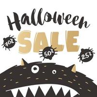 Halloween-Poster zum Verkauf im handgezeichneten Stil mit einem schwarzen Monster in Schwarz- und Goldfarben vektor