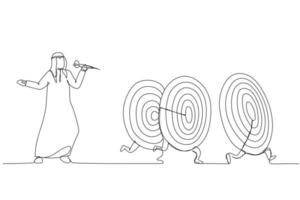 Zeichnung des arabischen Geschäftsmannes und der Ziele. Kunststil mit einer durchgehenden Linie vektor