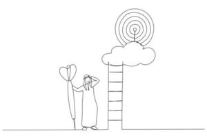 illustration eines ehrgeizigen arabischen geschäftsmanns halten dartziel hoch auf das ziel auf der wolke. Metapher für großes Traumziel hoch, Ehrgeiz und Herausforderung. Einzeiliger Kunststil vektor