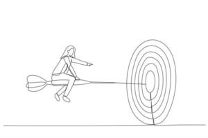 Illustration der Vertrauensgeschäftsfrau, die Dart reitet und auf ein Ziel abzielt. Metapher für Ziel, Ziel und Strategie. einzelne fortlaufende Strichzeichnungen vektor