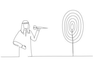 Karikatur eines verwirrten arabischen Geschäftsmannes, der mit verbundenen Augen Pfeile wirft. Metapher für unklares Ziel oder blinde Geschäftsvision, Führungsversagen. Einzeiliger Kunststil vektor