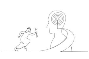 illustration av arab affärsman håll pil löpning upp trappa till de mål på mänsklig huvud. liknelse för tillväxt, Framgång, mål, positionering. enda linje konst stil vektor