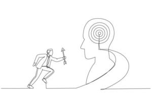 Abbildung: Geschäftsmann hält Pfeil, der die Treppe zum Ziel auf dem menschlichen Kopf hinaufläuft. Metapher für Wachstum, Erfolg, Ziel, Positionierung. Kunst im Stil einer Linie