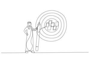 zeichnung eines arabischen geschäftsmannes notieren sie das ziel auf notizen und setzen sie ein großes dartscheibenziel auf. Metapher für Zielsetzung, erreichbares Ziel oder zweckmäßiges Ziel. Kunststil mit einer durchgehenden Linie vektor