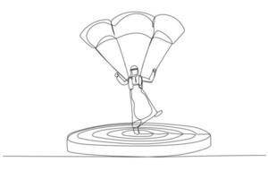 karikatur eines arabischen geschäftsmannes, der sich mit einem fallschirm auf ein ziel konzentriert. einzeiliger Kunststil vektor