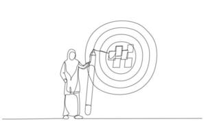illustration der muslimischen geschäftsfrau notieren sie das ziel auf notizen und setzen sie ein großes dartscheibenziel auf. Metapher für Zielsetzung, erreichbares Ziel oder zweckmäßiges Ziel. Einzeiliger Kunststil vektor