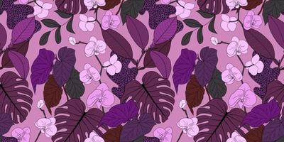 Vektornahtloses rosa Banner mit blühenden Orchideen und bunten tropischen Pflanzen vektor