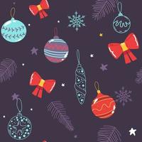 weihnachten nahtloses muster mit kugeln, kugeln, kegeln, bögen blauem hintergrund. perfekt für Urlaubseinladungen, Wintergrußkarten, Tapeten und Geschenkpapier vektor