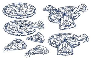 mat gravyr hand teckning uppsättning av fyra pizza på vit bakgrund. vektor