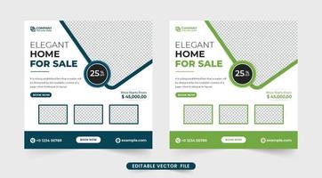 modern hus social media posta design med grön och blå färger. minimalistisk verklig egendom företag mall vektor för digital marknadsföring. Hem försäljning företag kommersiell mall för social media.