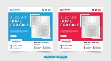 einfache Social-Media-Posts für den Verkauf von Eigenheimen und Immobiliengeschäften mit kreativen Formen. moderne Web-Banner-Designs für Werbezwecke in roten und blauen Farben. Geschäftsvorlage für den Hausverkauf. vektor
