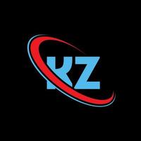kz logotyp. kz design. blå och röd kz brev. kz brev logotyp design. första brev kz länkad cirkel versal monogram logotyp. vektor
