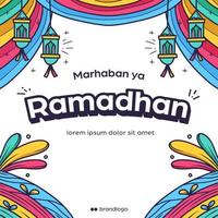 buntes ramadhan-grußplakat, handgezeichneter marhaban ya ramadhan mit laternenplakat-grußillustration vektor