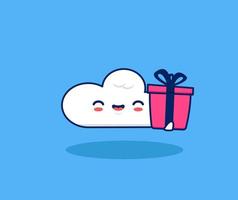 niedlicher wolkenkarikatur, der geschenkgeschenk mit glücklichem lächeln gibt vektor