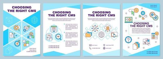 Wählen Sie die richtige Cyan-Broschürenvorlage für das Content-Management-System. Broschürendesign mit linearen Symbolen. editierbare 4 Vektorlayouts für Präsentationen, Jahresberichte. vektor