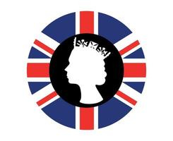 Elizabeth Queen Gesicht schwarz und weiß mit britischer Flagge des Vereinigten Königreichs nationales Europa Emblem Symbol Vektor Illustration abstraktes Gestaltungselement