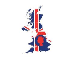 Elizabeth Queen Gesicht rot mit britischer Flagge des Vereinigten Königreichs nationales Europa Emblem Kartensymbol Vektor Illustration abstraktes Gestaltungselement