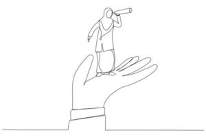 karikatur einer muslimischen geschäftsfrau, die auf der stützhand steht und in das teleskopblick blickt. Unterstützung oder Ermächtigung für die Karriereentwicklung. Kunststil mit einer durchgehenden Linie vektor