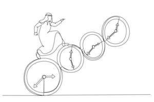 tecknad serie av arab affärsman löpning på tid. enda kontinuerlig linje konst stil vektor