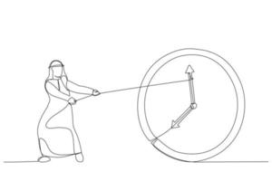 Zeichnung eines arabischen Geschäftsmannes, der versucht, die Zeit zu verlangsamen und anzuhalten. Metapher der Zeit anhalten. Einzeiliger Kunststil vektor