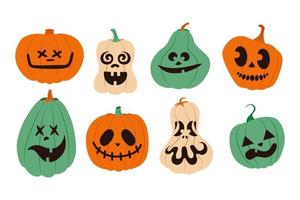 uppsättning av halloween skrämmande pumpor. platt stil vektor läskigt rolig pumpor illustrationer