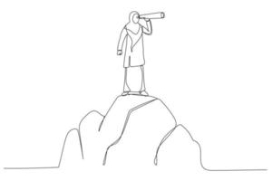 karikatur einer muslimischen geschäftsfrau, die auf einem berg steht und nach erfolg sieht. Unternehmensfinanzierung, Führung, Unternehmensgründung. Kunststil mit einer durchgehenden Linie vektor