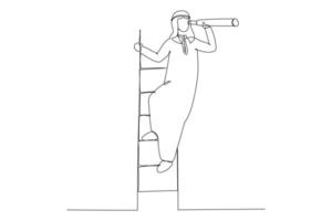 karikatur eines arabischen geschäftsmannes, der ein teleskop auf der treppe hält und auf erfolg und neue geschäftsziele blickt. fortlaufende Strichzeichnungen vektor