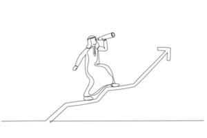 Zeichnung eines Teammanagers eines arabischen Geschäftsmanns, der ein Teleskop verwendet, um die Zukunft zu sehen, die auf dem Diagramm des steigenden Pfeilmarktes steht. Anlegervermögen oder Gewinnwachstum. Einzeiliger Kunststil vektor