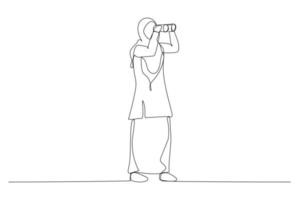 karikatur einer muslimischen geschäftsfrau, die durch ein fernglas schaut. Karriererichtung oder Arbeitsleistungskonzept. fortlaufende Strichzeichnungen vektor