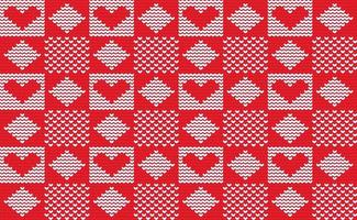 hjärta och kvadrater sticka mönster vektor, röd och vit valentine bakgrund, kärlek broderi textur vektor