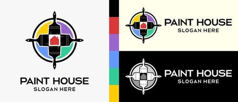 Häftigt byggnad måla logotyp design mall. fyra penslar med en silhuett och en hus ikon i en cirkel. vektor illustration av en logotyp för vägg eller byggnad måla. premie vektor