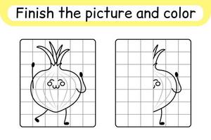 Vervollständigen Sie das Bild Zwiebel. Kopieren Sie das Bild und die Farbe. beende das Bild. Malbuch. pädagogisches Zeichenübungsspiel für Kinder vektor