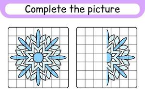 Vervollständigen Sie das Bild Schneeflocke. Kopieren Sie das Bild und die Farbe. beende das Bild. Malbuch. pädagogisches Zeichenübungsspiel für Kinder vektor