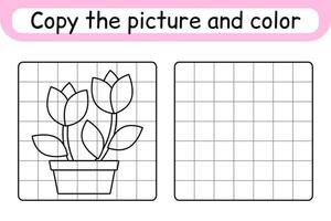 Kopieren Sie das Bild und färben Sie die Blume Tulpe. runden das Bild ab. beende das Bild. Malbuch. pädagogisches Zeichenübungsspiel für Kinder vektor