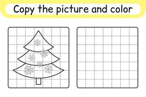 Kopieren Sie das Bild und färben Sie den Weihnachtsbaum. runden das Bild ab. beende das Bild. Malbuch. pädagogisches Zeichenübungsspiel für Kinder vektor