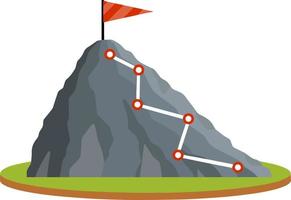 Kletterberg mit roter Fahne. Punkte und Etappen der Route. Geschäftsmotivation im persönlichen Wachstum. Bergsteigen und Sport. flache ikone der karikatur. Selbstentwicklung und Erfolg vektor