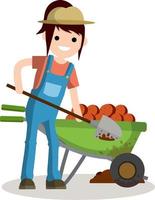 lantlig pojke grävning potatisar med en spade. rustik vagn med grönsaker. landsbygden arbete. element av by liv. plantering och skörd. tecknad serie platt illustration vektor