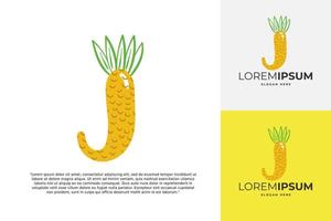 J-Buchstabenlogo aus Ananas. Handgemachte Obstkalligraphie für landwirtschaftliche Identität, Restaurantkarten, Kinder-T-Shirts, Sommerdrucke usw vektor