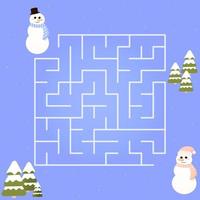 weihnachtskinderlabyrinth, hilfe, den richtigen weg für schneemann zu finden, einfaches spiel für kinder oder bücher, labyrinthpuzzle im cartoon-stil, vorschulrätsel vektor