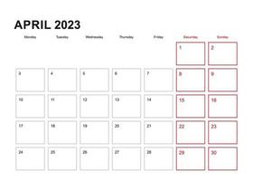 vägg planerare för april 2023 i engelsk språk, vecka börjar i måndag. vektor