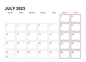 vägg planerare för juli 2023 i engelsk språk, vecka börjar i måndag. vektor