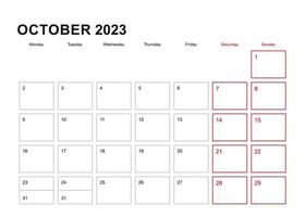vägg planerare för oktober 2023 i engelsk språk, vecka börjar i måndag. vektor