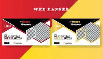 hochzeitsservice, youtube-thumbnail und webbanner, webbanner für unternehmensmarketing für das web, horizontales bannervorlagendesign. modernes Bannerdesign mit schwarz-weißem Hintergrund und roter Rahmenform vektor