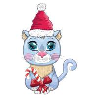 söt tecknad serie katt i santa hatt med gåva, jul boll, godis kane. vinter- 2023, jul och kinesisk ny vektor